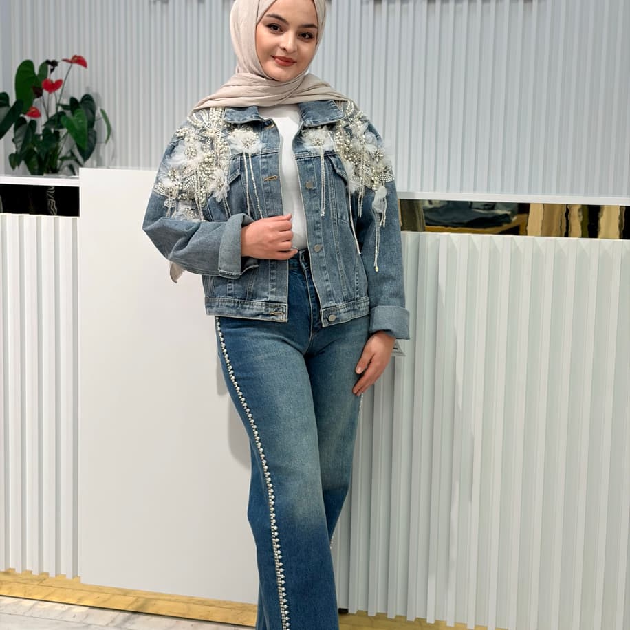 Taş ve inci işlemeli ithal kot ceket (NU221)